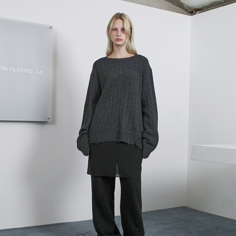 Original Low Cl@Ssic Wool Cashmere Cable Knit Sweater for Women, Round Neck, Distressed Design, Niche Design, Loose Knitwear
