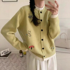 秋冬新款刺绣假两件女士毛衣圆领甜美针织衫糖果色百搭多巴胺上衣