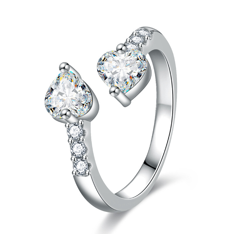 Double Heart Zircon Open Ring For Women Sterling Silver Style_voghion.com