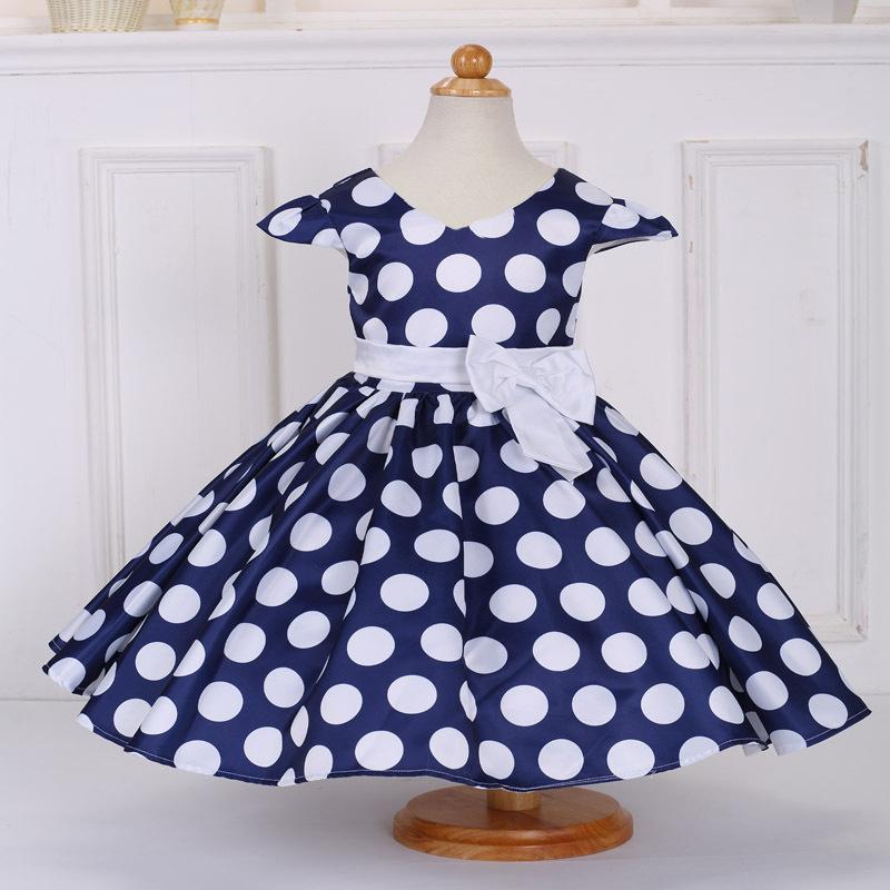 Vestido infantil europeo y americano con mangas voladas y lunares, vestido de princesa de satén con lazo para niña pequeña. image 8
