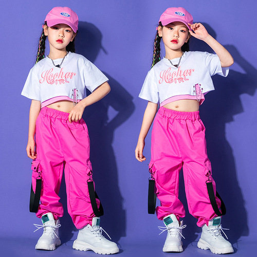 Children Rapper singer pink with white jazz dance costumes for girls boys Hip hip street dance outfits hip-hop boy street dance suit  cheerleader uniforms sports clothing