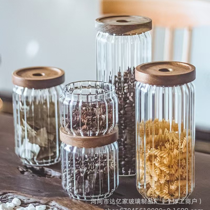 lata de té alta borosilicona vidrio contenedor tanque de almacenamiento cubierta de madera Acacia lata de almacenamiento lata de cáscara de naranja lata de sellado de vidrio rayado
