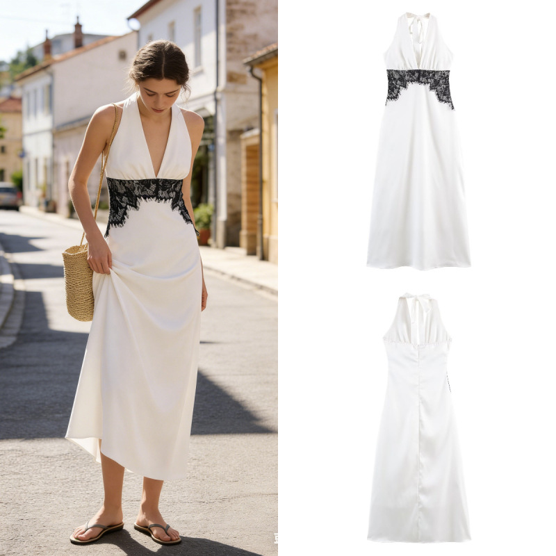 Z Brand Foreign Trade Cross-Border European and American Style Women's Clothing 2026 Spring New Satin Halter Neck Lace Trim Waist-Cinching Long Dress Z Brand Foreign Trade Cross-Border European and American Style Women's Clothing 2026 Spring New Satin Halter Neck Lace Trim Waist-Cinching Long Dress