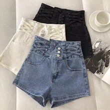 G6N浅色高腰牛仔短裤女2025年夏季新款宽松显瘦单排扣A字阔腿热裤
