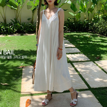 韩版宽松吊带v领连衣裙法式复古赫本中长款桔梗裙法国小众裙