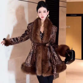 秋冬新款豹纹仿皮草大毛领皮毛一体中长款仿水貂毛绒皮草大衣外套