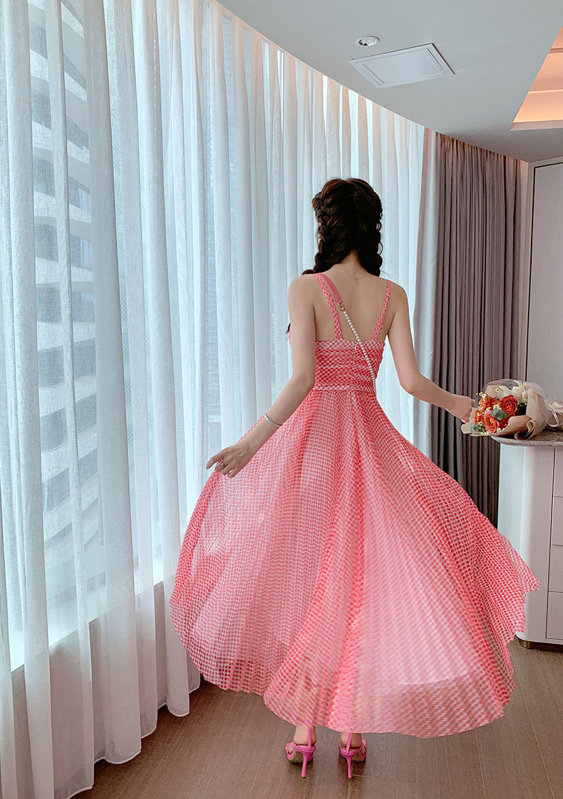 Váy maxi cổ chữ V chấm bi lưới xếp ly cạp cao tay địu — Màu đỏ chi tiết 12