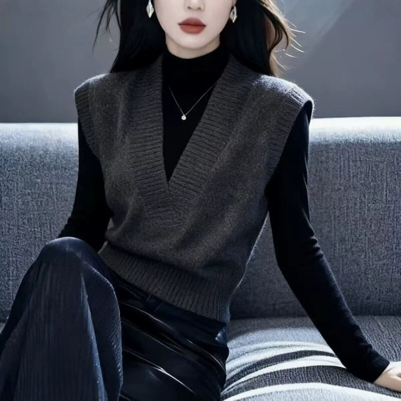 Solid Color Autumn and Winter Slim-Fit Sleeveless Knitted Vest for Women, Loose Fit, New Style, Deep V-Neck Sweater Vest Solid Color Autumn and Winter Slim-Fit Sleeveless Knitted Vest for Women, Loose Fit, New Style, Deep V-Neck Sweater Vest