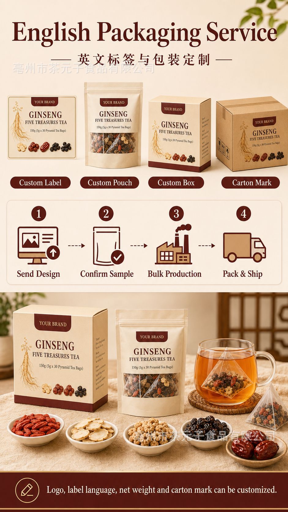 Ginseng Five Treasure Tea Ren Shen Wu Bao Cha 30 Bags 150g Cold Brewed Herbal Blend with Goji Mulberry Maca specifications
