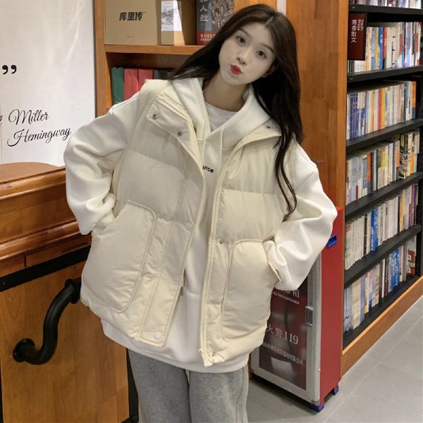 Chaleco de algodón de pluma, chaleco de invierno de tamaño grande, 2025 nuevo estilo de moda, abrazadera de caballo, ropa exterior, mujer, otoño y invierno, blanco puro image 3