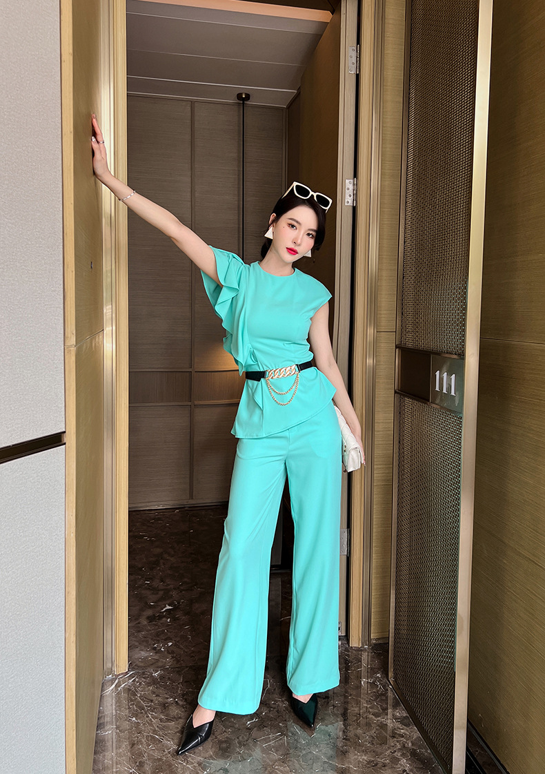 Bộ hai món áo ôm eo phối quần ống rộng cạp cao — Màu xanh nước hồ chi tiết 13