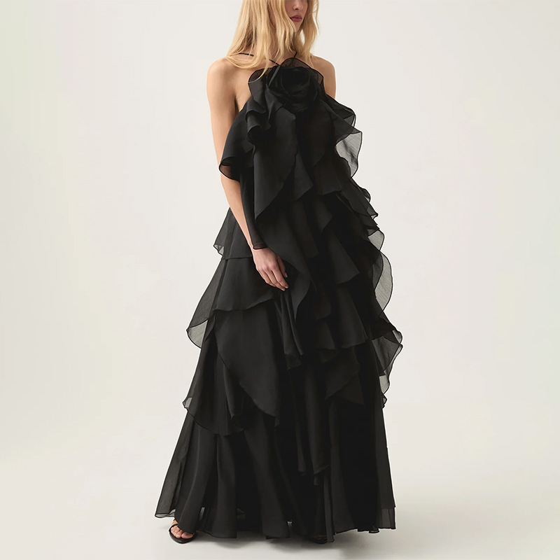 Elegant Socialite Style Patchwork Ruffle Long Dress 2026 Spring New Halter Neck Backless Design Long Dress for Women