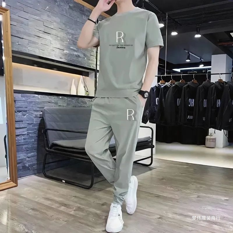 Summer Men's Suit New Sportswear Casual Loose Trendy Handsome Ice Silk Short-Sleeved Summer Men's Pants Mengwei