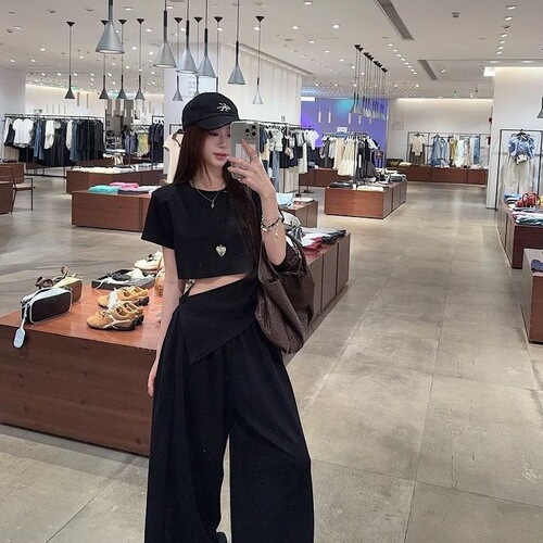 Summer fashion waist waist hot girl fashion suit irregular fake two-piece top T-shirt + high-waisted wide-leg pants two-piece set