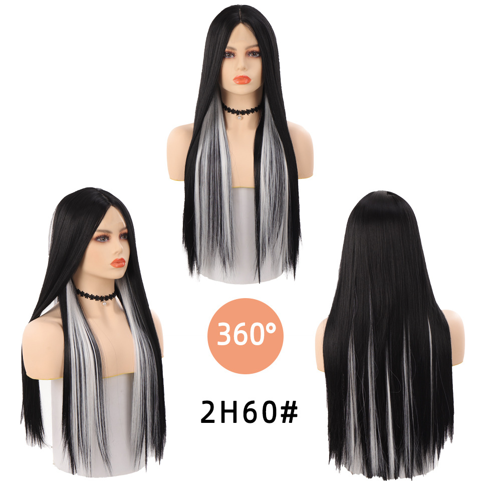 Synthetische pruik dames lang steil haar met gespleten naad handgeweven kant gradiënt simulatie mode natuurlijke hoofdband_voghion.com