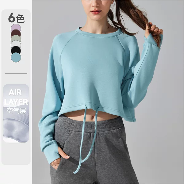 Cross-Border Women's Air Layer Sports Sweatshirt, Loose Drawstring Long-Sleeve Breathable Pullover Fitness Top, Space Cotton Jacket