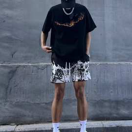 骷髅火焰美式短裤男街头潮牌夏季不过膝篮球裤训练运动四分裤