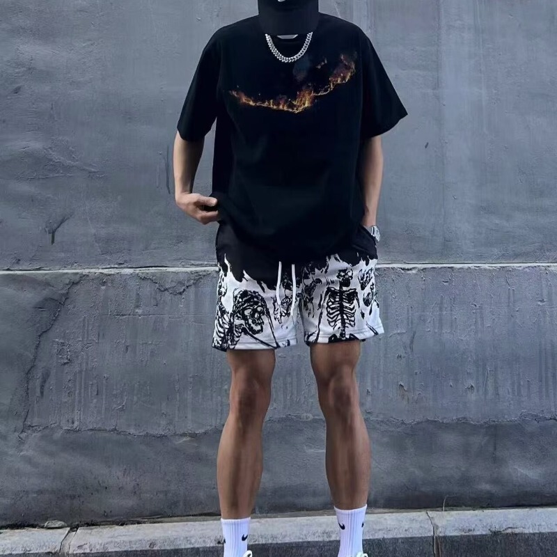 Skull Flame American Shorts Men's Street Fashion Brand Summer But Knee Basketball Pants Training Sports Quad Pants