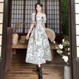 大码新中式方领油墨画连衣裙女夏季胖mm复古国风收腰显瘦长款裙子