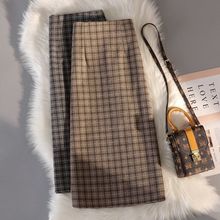 秋冬加厚毛呢格子半身裙女新款高腰字包臀裙过膝开叉中长裙