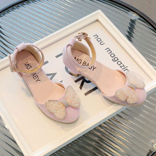 Girls' rhinestone leather shoes  spring and autumn student pearl bow performance single shoes small and medium-sized princess shoes children's shoes