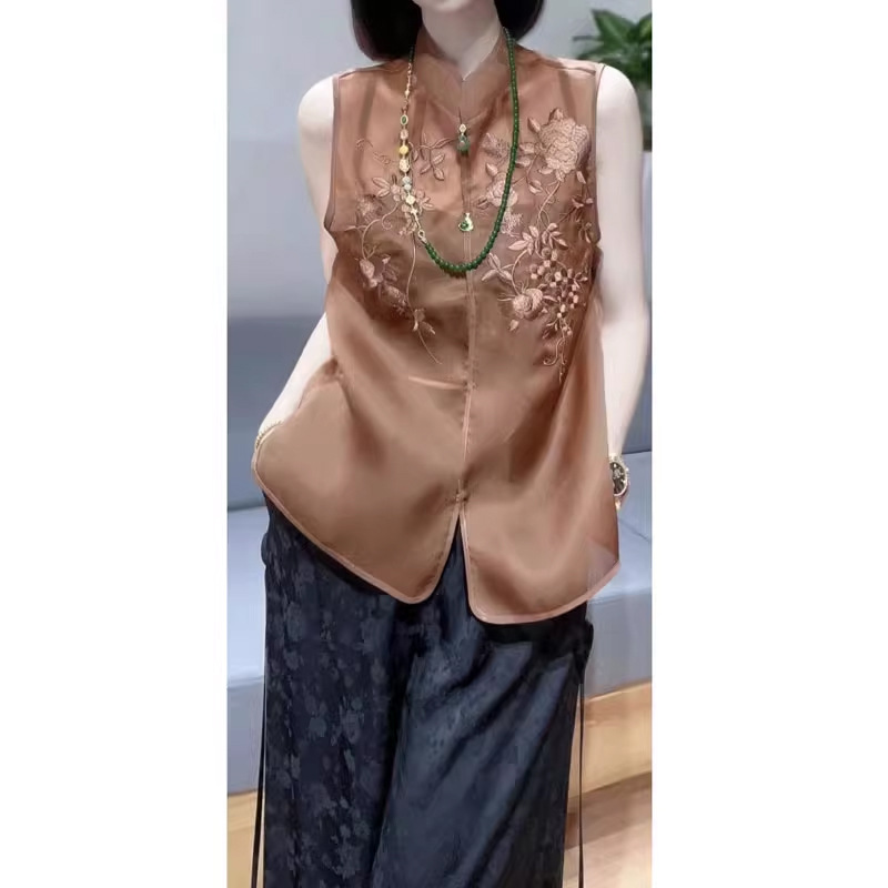 Organza New Chinese Style Women's Clothing National Style Heavy Embroidery Vest Top Zen Tea Suit Women's Summer Vest 2025