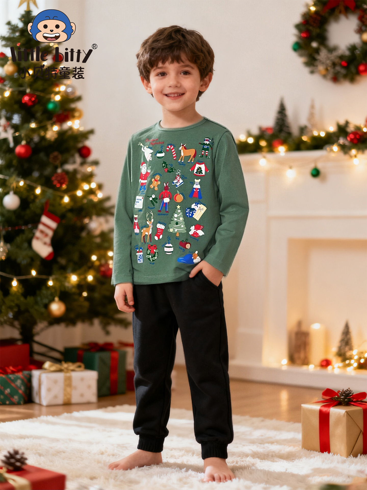 European and American Cross-Border Children's Clothing 25 Autumn and Winter Long-Sleeved T-Shirts with Christmas Prints, Children's Round-Neck Shirts, Wholesale in Stock for Small and Medium-Sized Children