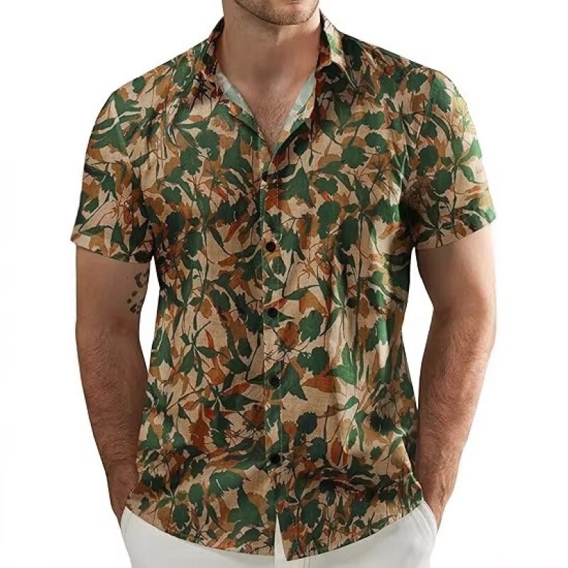 Amazon's Best-Selling European and American Style Bamboo Linen Breathable Short-Sleeved Shirt for Men Cross-Border Summer Sunflower Print Casual Shirt