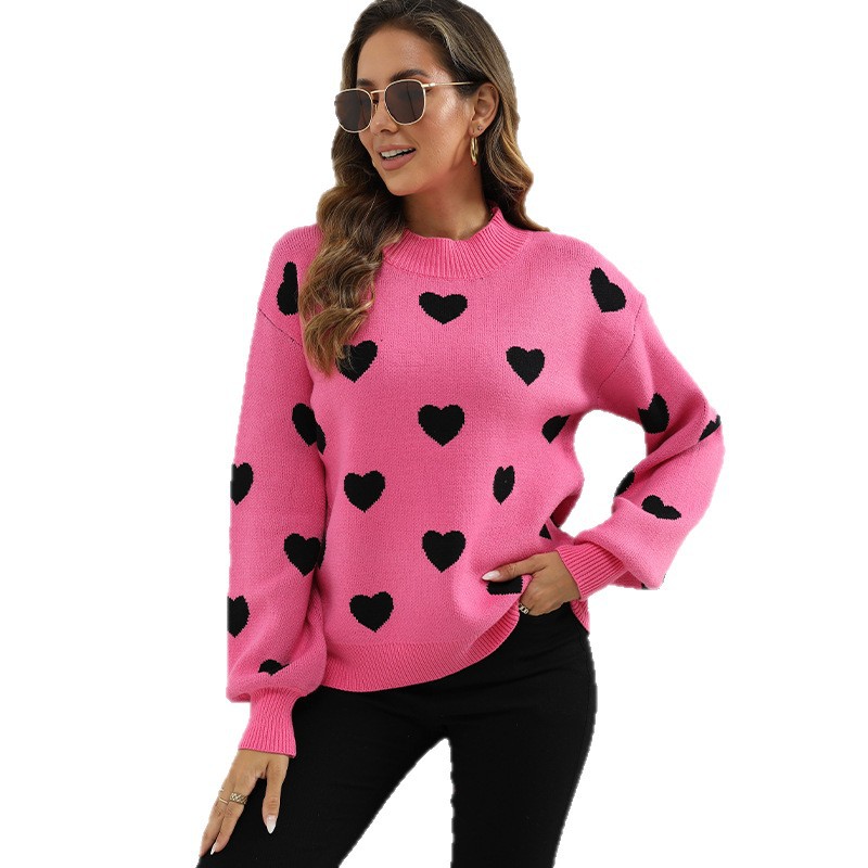 European and American cross-border foreign trade women's sweater autumn and winter pullover round neck long-sleeved sweater love jacquard knitted top for women