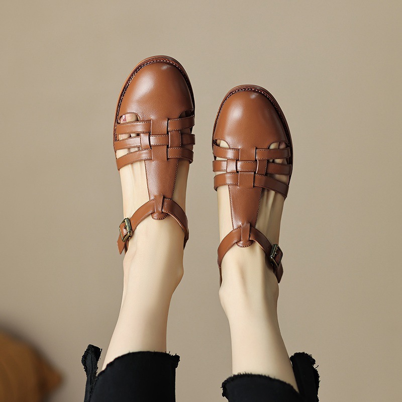 Dép sandal nữ mũi kín quai chữ T dệt kiểu La Mã, gót dày — Màu nâu đậm
