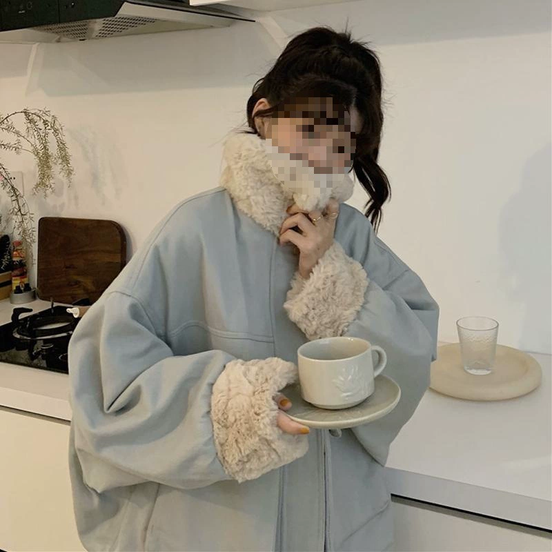 Толстая теплая хлопчатобумажная одежда женская имитация овечьей шерсти хлопчатобумажная куртка осень-зима 2024 новая маленькая свободная хлопчатобумажная куртка топ