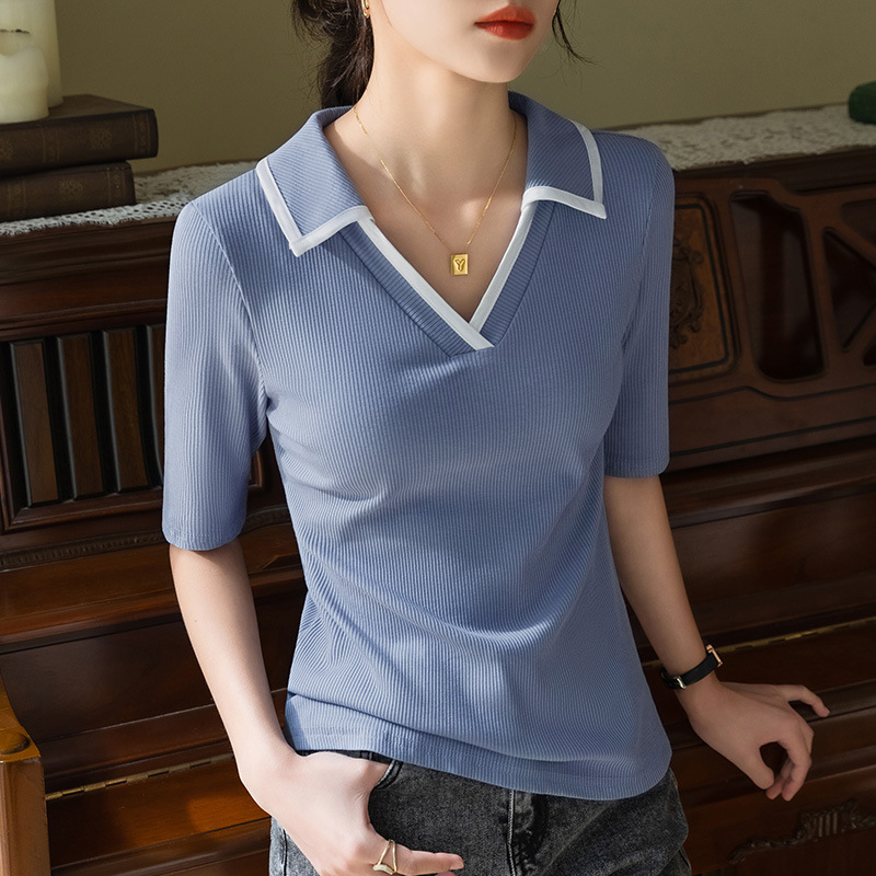Camiseta modal de manga corta para mujer verano 2023 nueva camiseta de manga media con cuello de polo de color de contraste para mujer temperamento Top ajustado a la cintura image 2