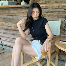 包邮 法式正肩冰凉质感时尚修身T恤上衣女套头针织衫气质一件代发