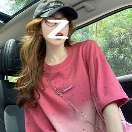 重工渐变烫钻短袖t恤女宽松夏季新款韩系设计感小众纯棉半袖体恤