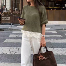 跨境女装批发秋季美式蝙蝠个性拼接下摆设计短袖针织衫2756134