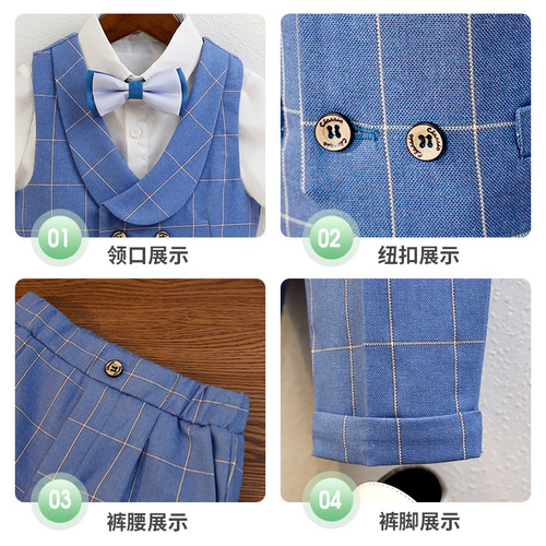 Children's suit spring and summer new Korean version plaid vest two-piece set boy baby performance suit flower girl wedding dress