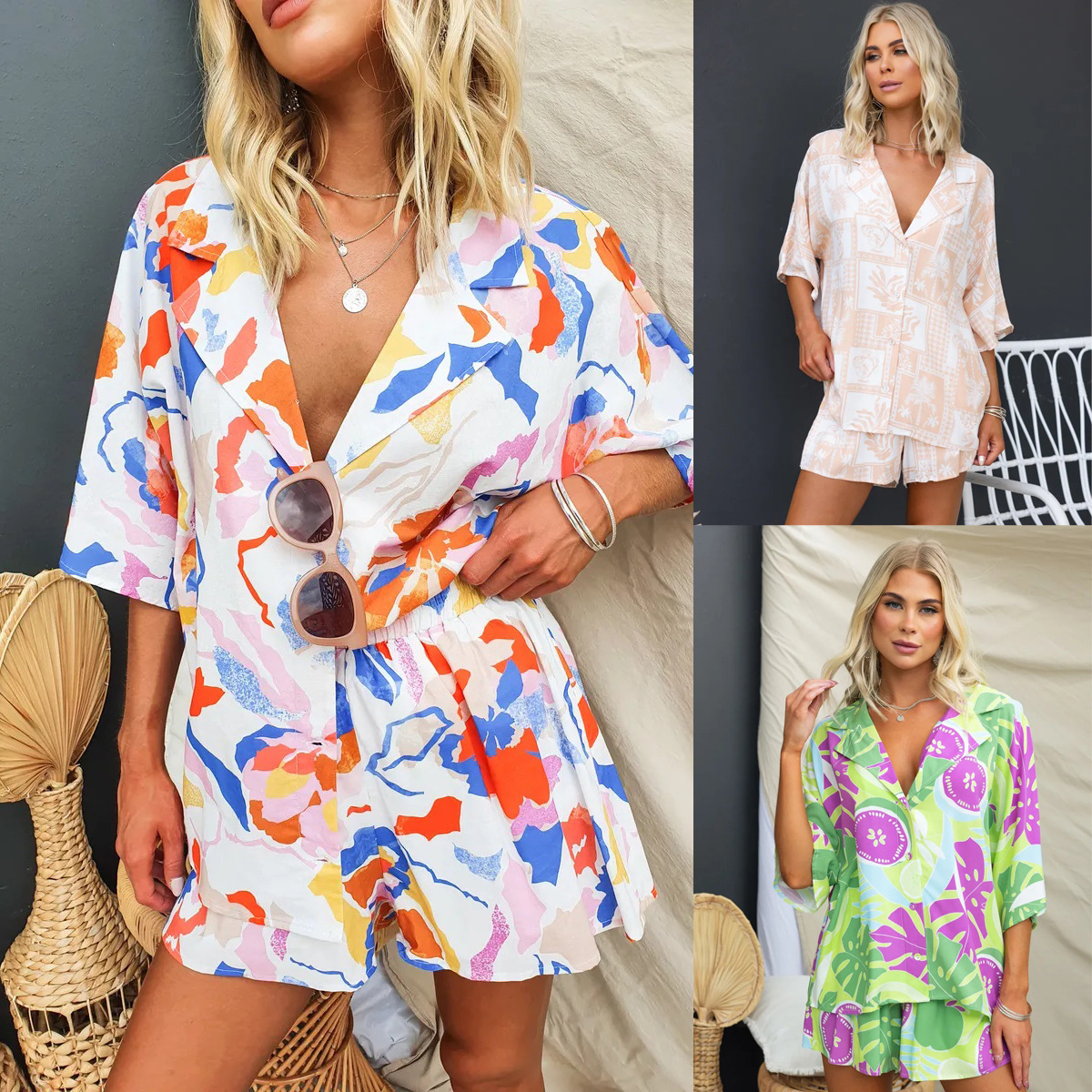 301g Weight Short Sleeve Sleeve Length Polyester Fabric Type Pant Co-ord Set Sets Type 2 Pieces Set Quantity Holiday, Daily Occasion Turndown Neckline Regular Fit Fit Type Abstract Pattern Summer Season Women's Gender Button Design Simple Style Style Holiday Daily Women's Simple Style Abstract Polyester Button Pant Co-ord Set Shorts Sets 无