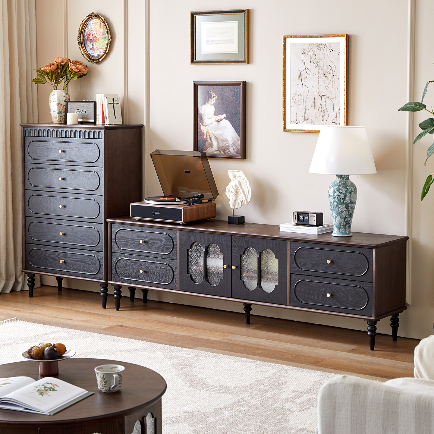 American-Style Solid Wood Retro Living Room Tv Cabinet and Drawer Cabinet Combination, French-Style Simple Multi-Functional Storage Cabinet Furniture