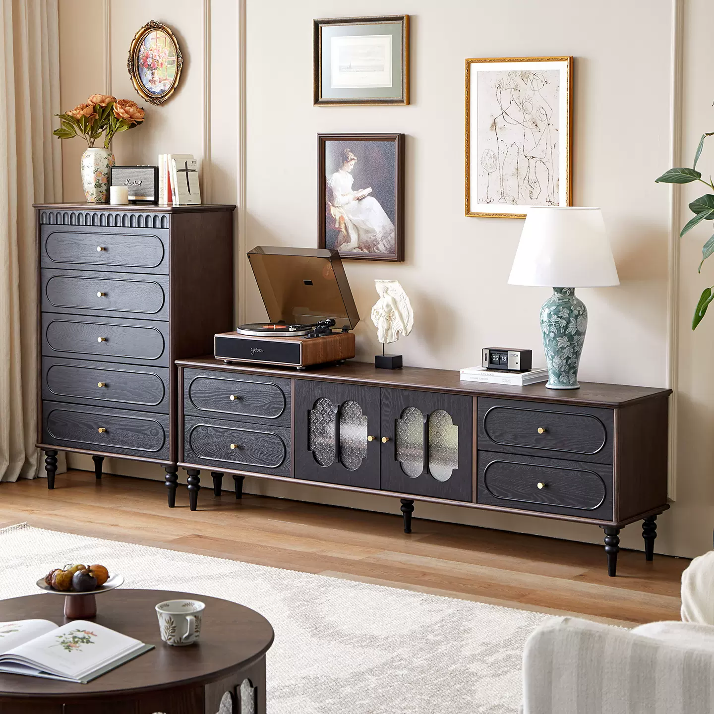 美式实木复古红橡木客厅电视柜斗柜组合法式简约多功能收纳柜家具