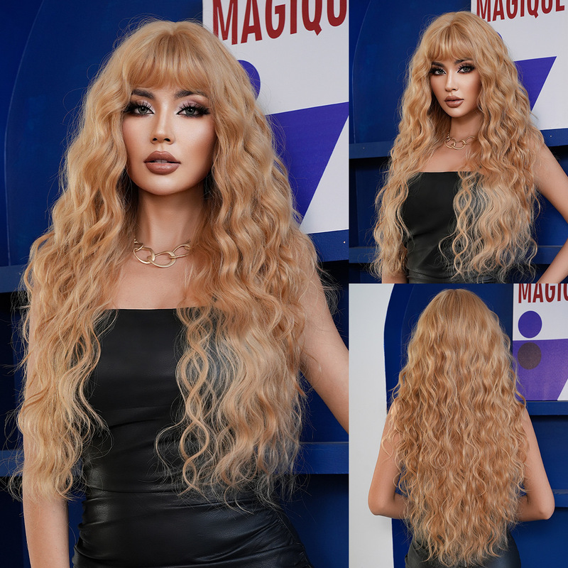 European and American Popular Golden Wig for Women with Long Curly Hair, High Temperature Silk, High Quality Chemical Fiber Party Stage Performance Wig, Full Top European and American Popular Golden Wig for Women with Long Curly Hair, High Temperature Silk, High Quality Chemical Fiber Party Stage Performance Wig, Full Top