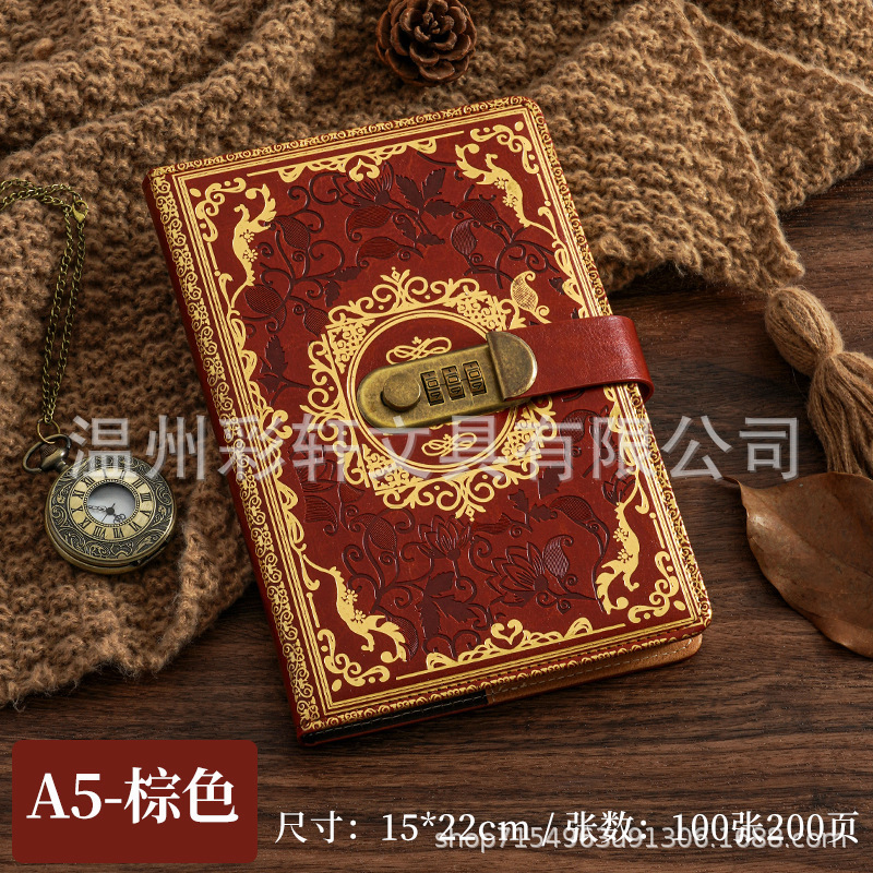 跨境A5复古密码日记本带锁加厚创意手账本学生日记本文具笔记本子|undefined