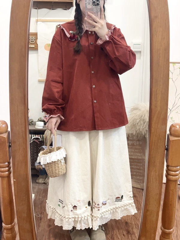 森系文艺小清新娃娃领百搭衬衫秋季新款小个子小众泡泡袖长袖衬衣|undefined
