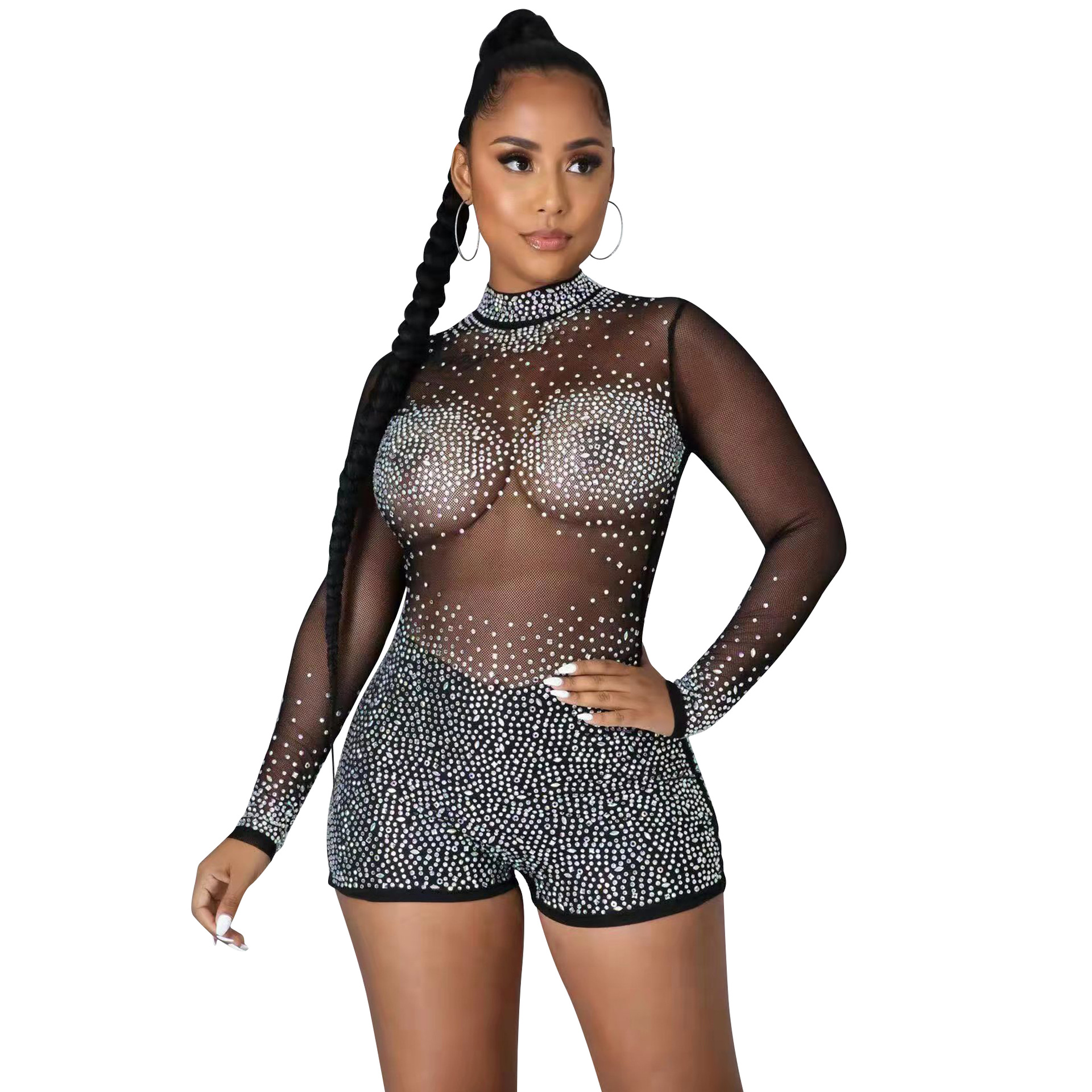 X5165 moda europea y americana eBay AliExpress sexy cuello redondo de manga larga del partido club nocturno rhinestone caliente perspectiva mono image 6