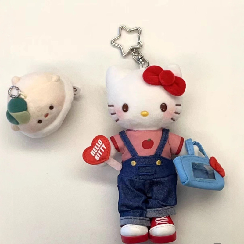White Suspender Denim Long-Legged Kitten Pendant Cute Plush Doll Doll School Bag Bag Small Pendant Accessories