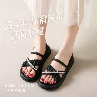 夏季仙女风珍珠一字凉拖女软底防滑沙滩拖鞋外穿百搭凉鞋厂家现货