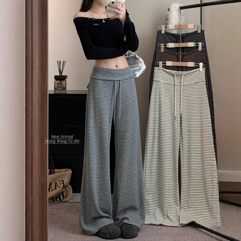 High-Waisted Straight-Leg Pants with a Lazy Style, Striped Casual Pants for Women, Versatile Loose Wide-Leg Pants for Autumn