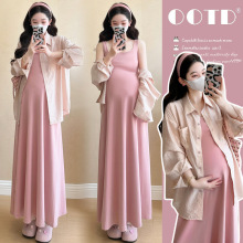 孕妇装2025夏季新款韩版时尚简约显瘦方领吊带裙防晒衬衣孕妇套装