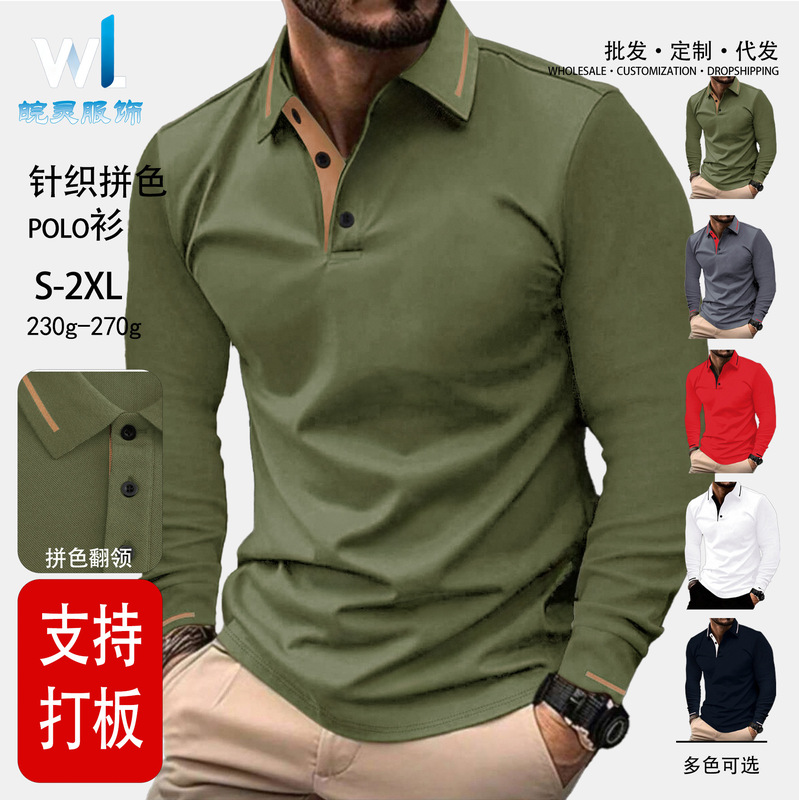 European and American Temu Amazon Men's Lapel Golf Casual Polo Shirt with Two-Tone Stitching Slim-Fit Long-Sleeve Knitwear