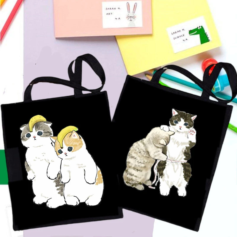 Kawaii Cat卡通猫印花帆布袋单肩包折叠袋原宿手提购物袋跨境外贸