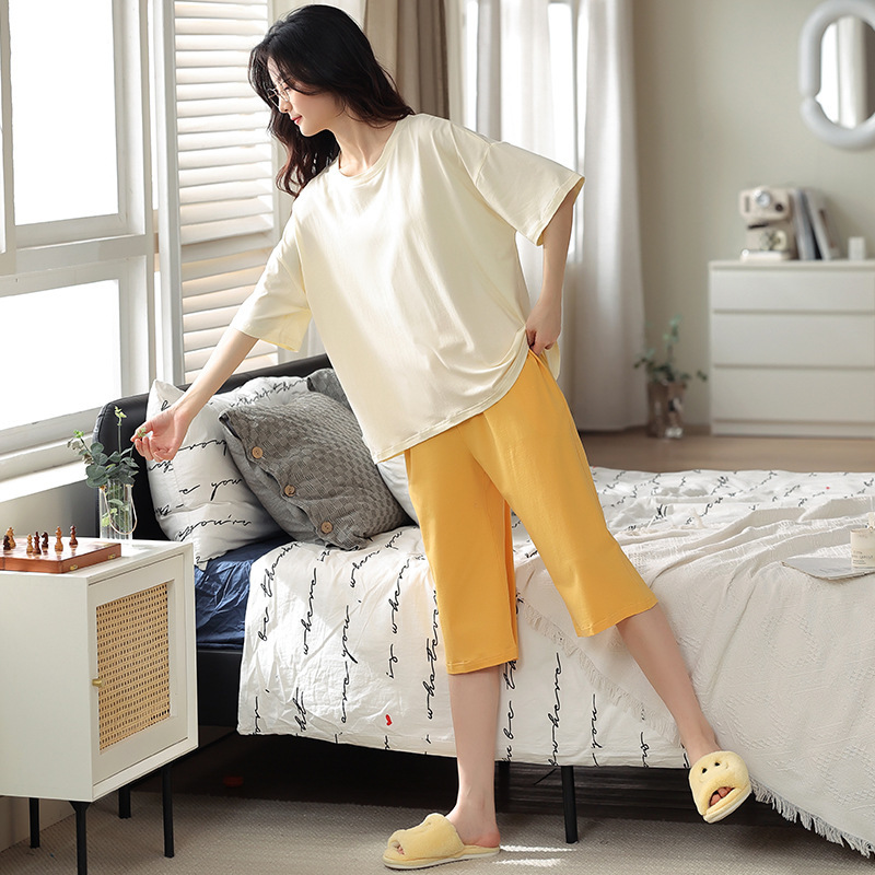 Summer New Women's Pajamas Modal Short-Sleeved Cropped Pants Two-Piece Set Solid Color Casual Wearable Loungewear Set